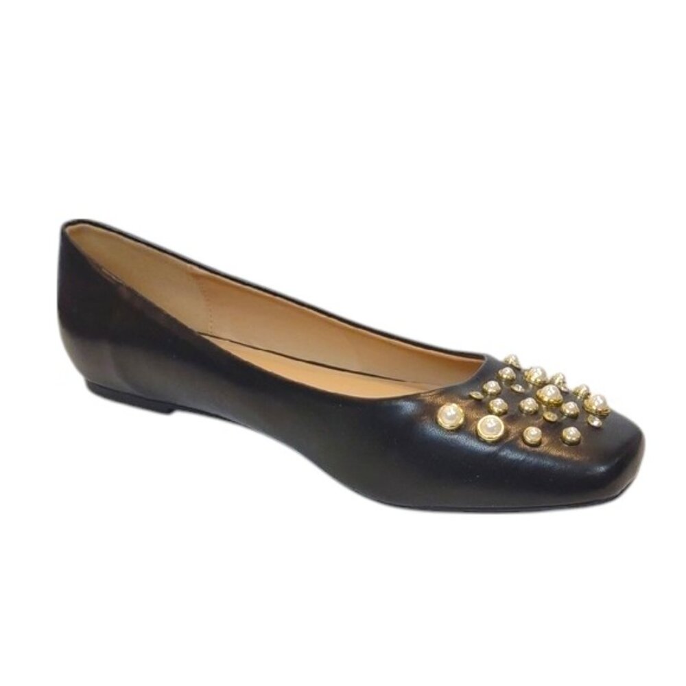C Comfort Est 1946 Black Faux Leather Slip on Square Toe Rhinestone Pearl Flats